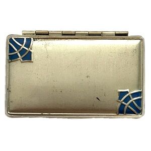 Vintage Makeup Compact Silver with Blue Enamel Art Deco Corners
